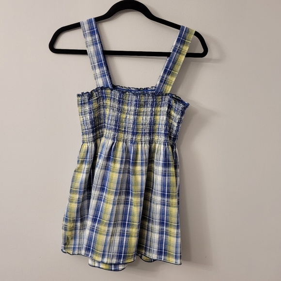 Blue and Yellow Plaid Vintage Tube Tank Top Sz Lg Front pockets - Picture 6 of 8